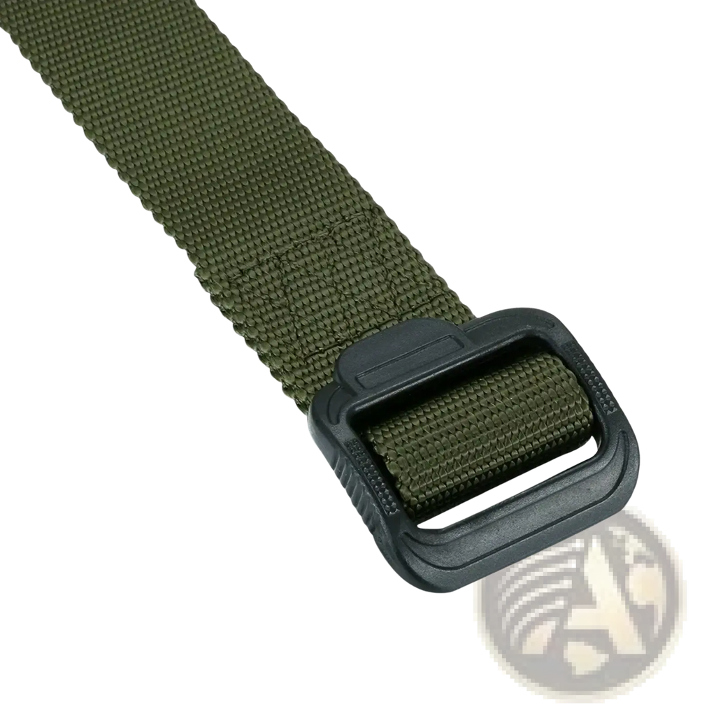 Olive green tactical non-metal belt made of woven nylon webbing with a black plastic buckle airport friendly
