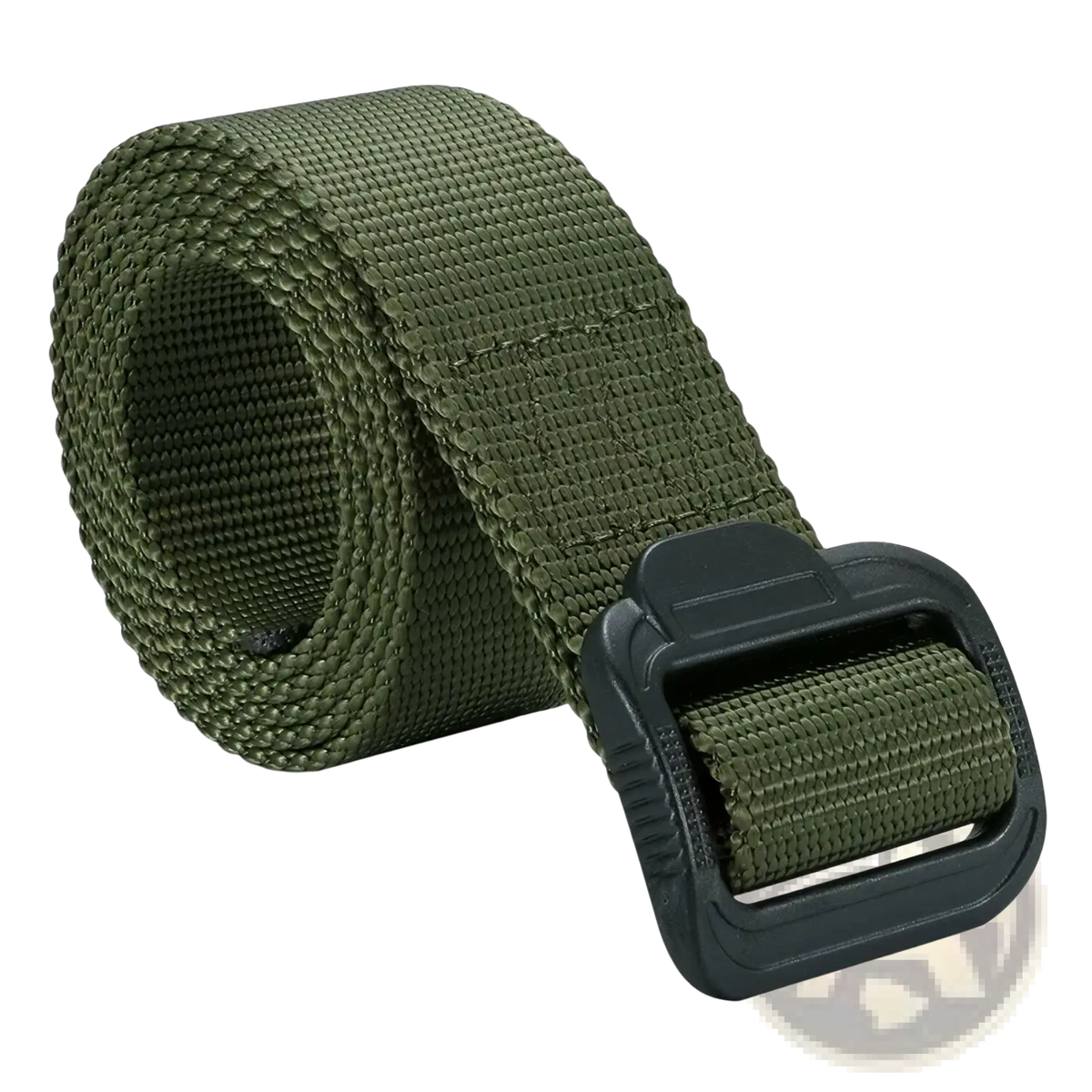 Tactical non-metal belt made of olive green nylon woven webbing with a black plastic buckle airport friendly design