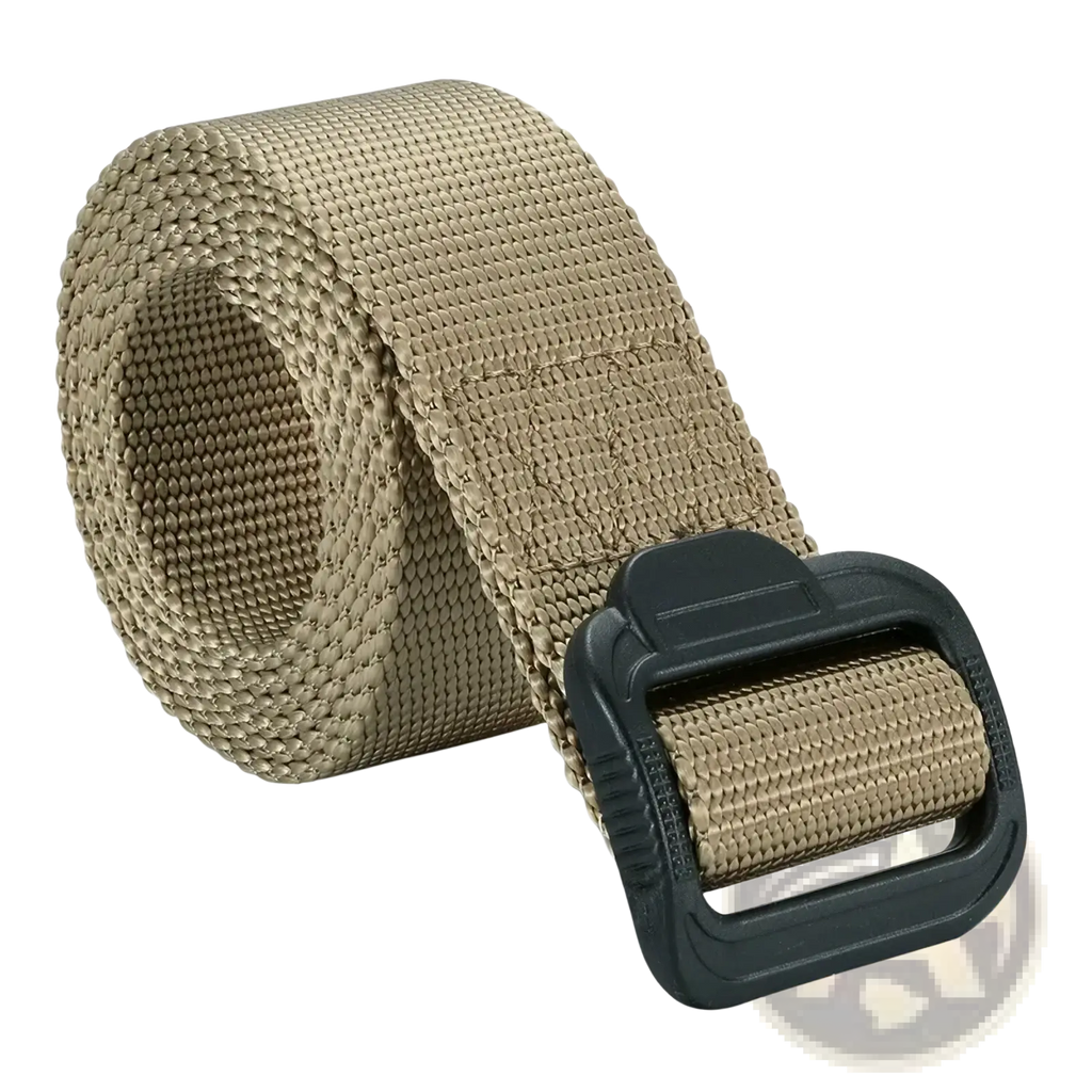 Tan tactical non-metal belt made of nylon webbing with a black plastic buckle airport friendly design