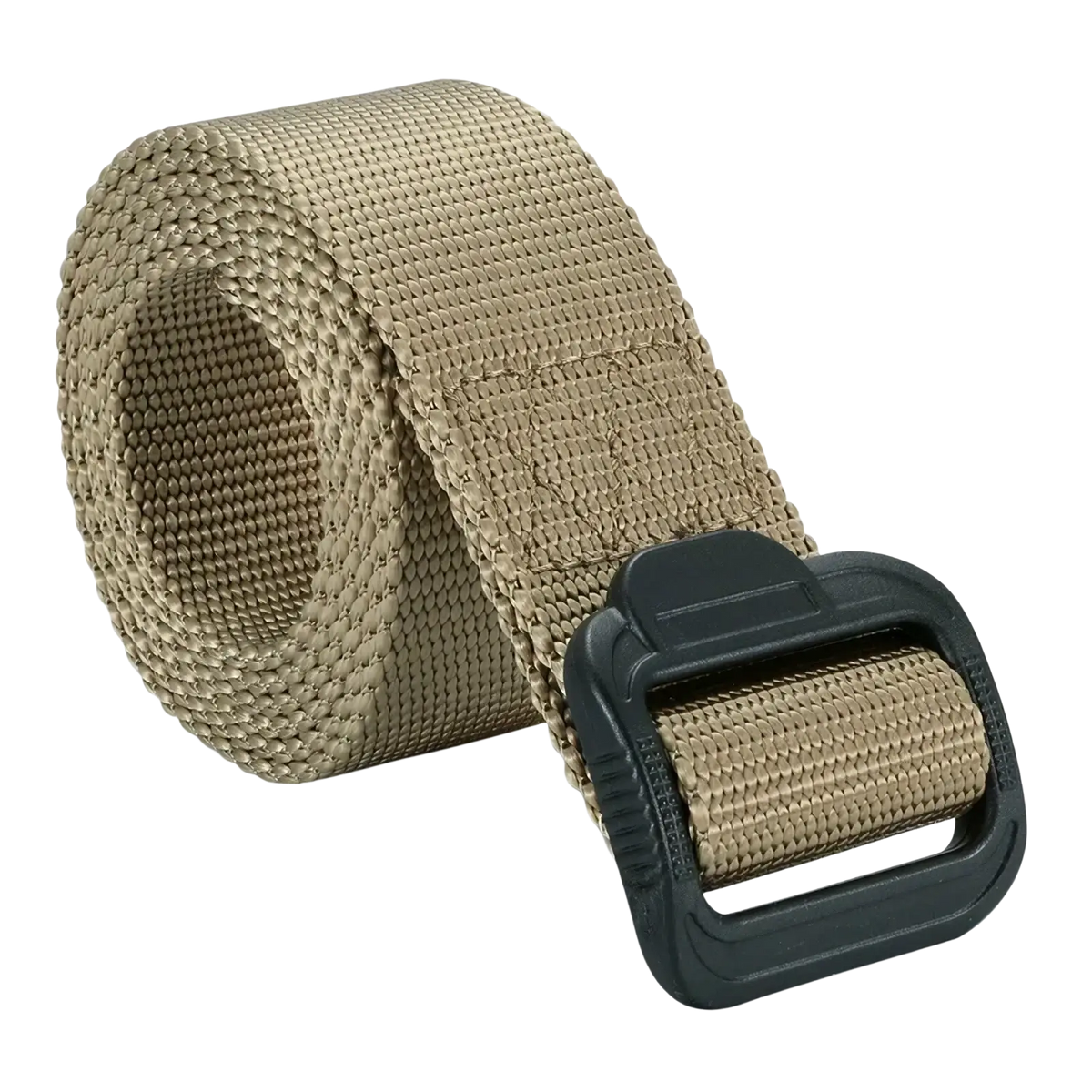 Tan tactical non-metal airport friendly nylon webbing belt with black plastic buckle for secure fit and durability