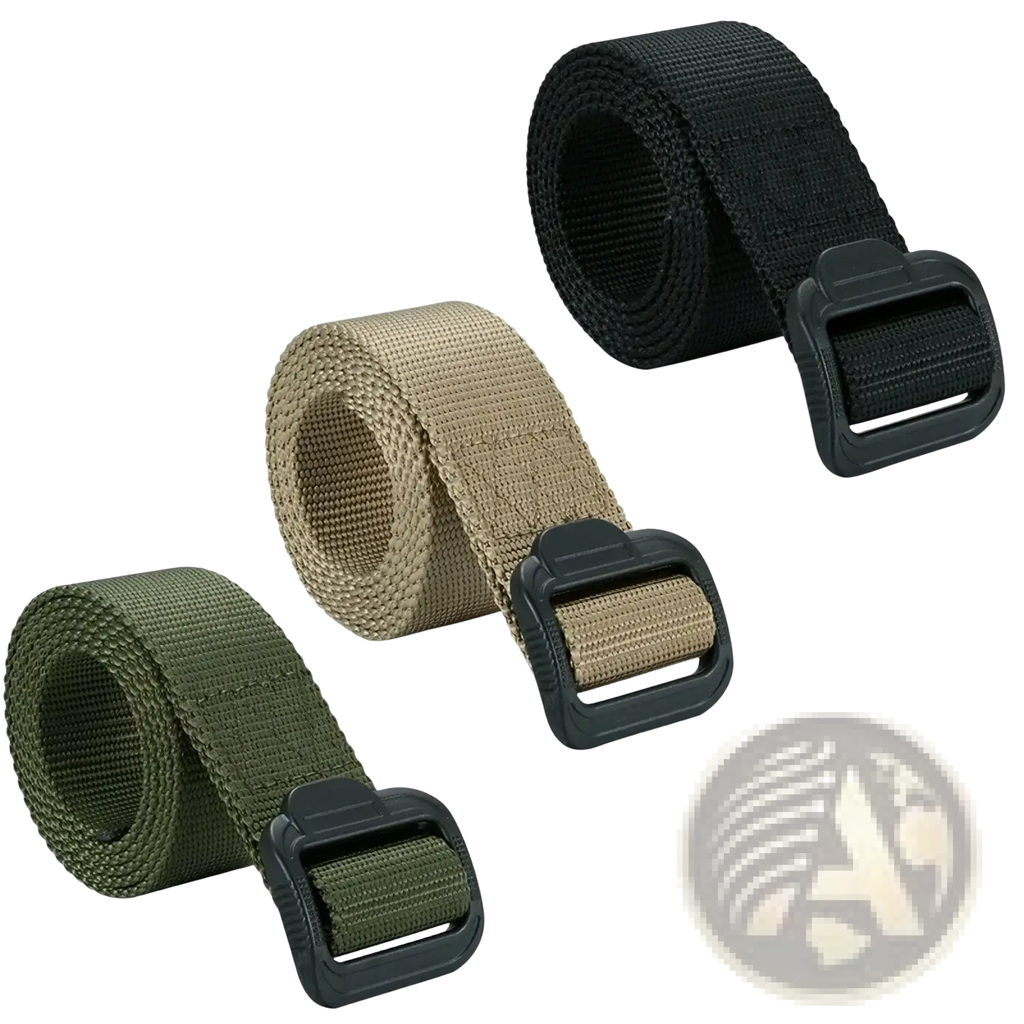 Three tactical non-metal belts in olive green tan and black with durable nylon webbing and matte black plastic buckles