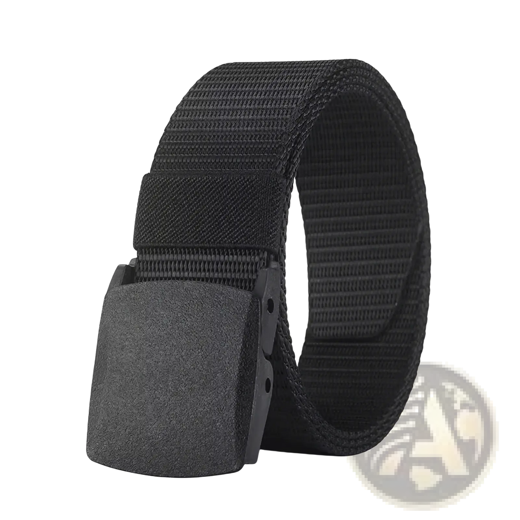 Black tactical nylon belt with textured matte-finish plastic buckle for casual and unisex use