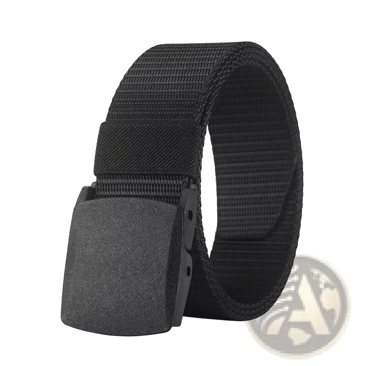 Black tactical nylon belt with textured matte-finish plastic buckle for casual and unisex use