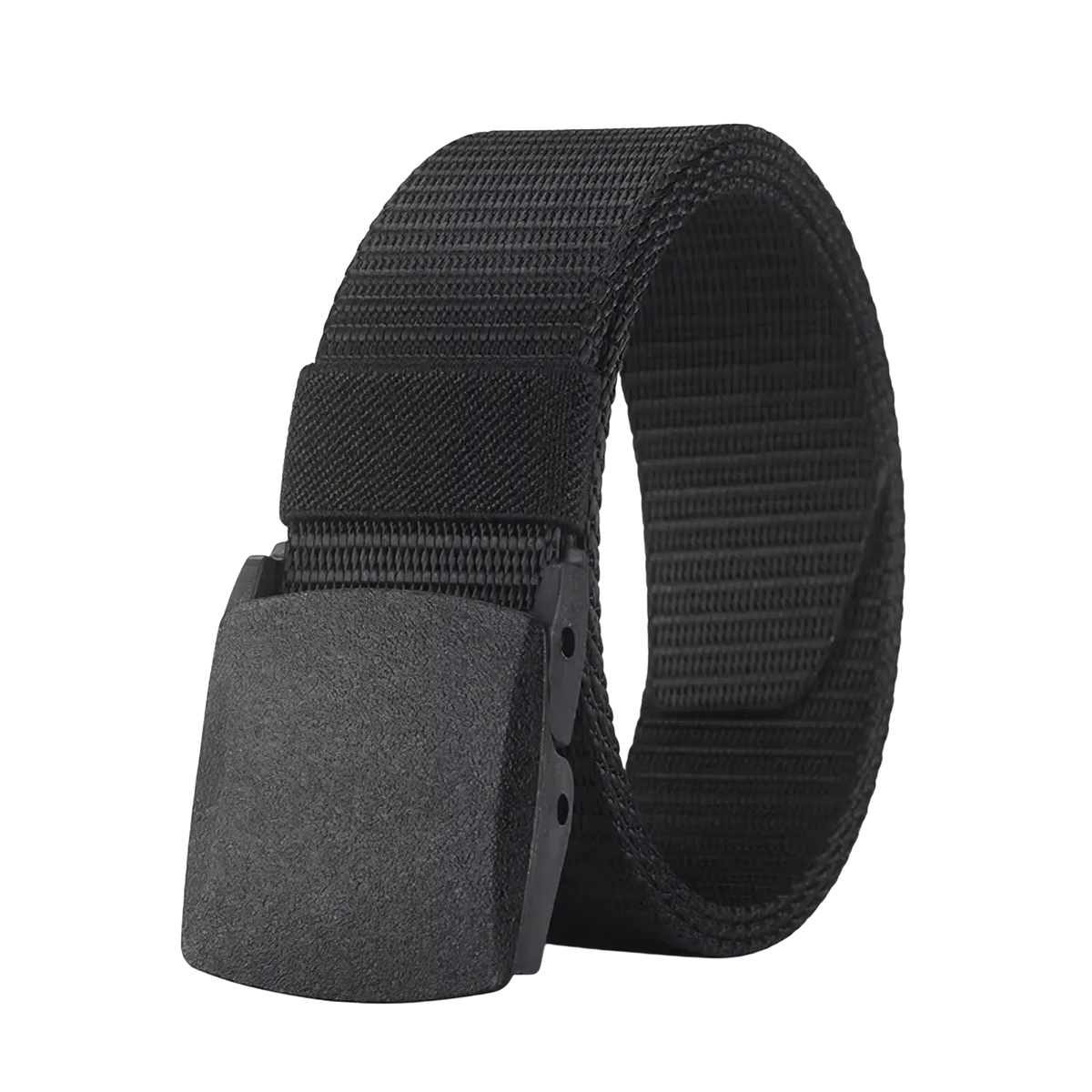 Black tactical nylon belt with textured matte-finish plastic buckle for casual and unisex use