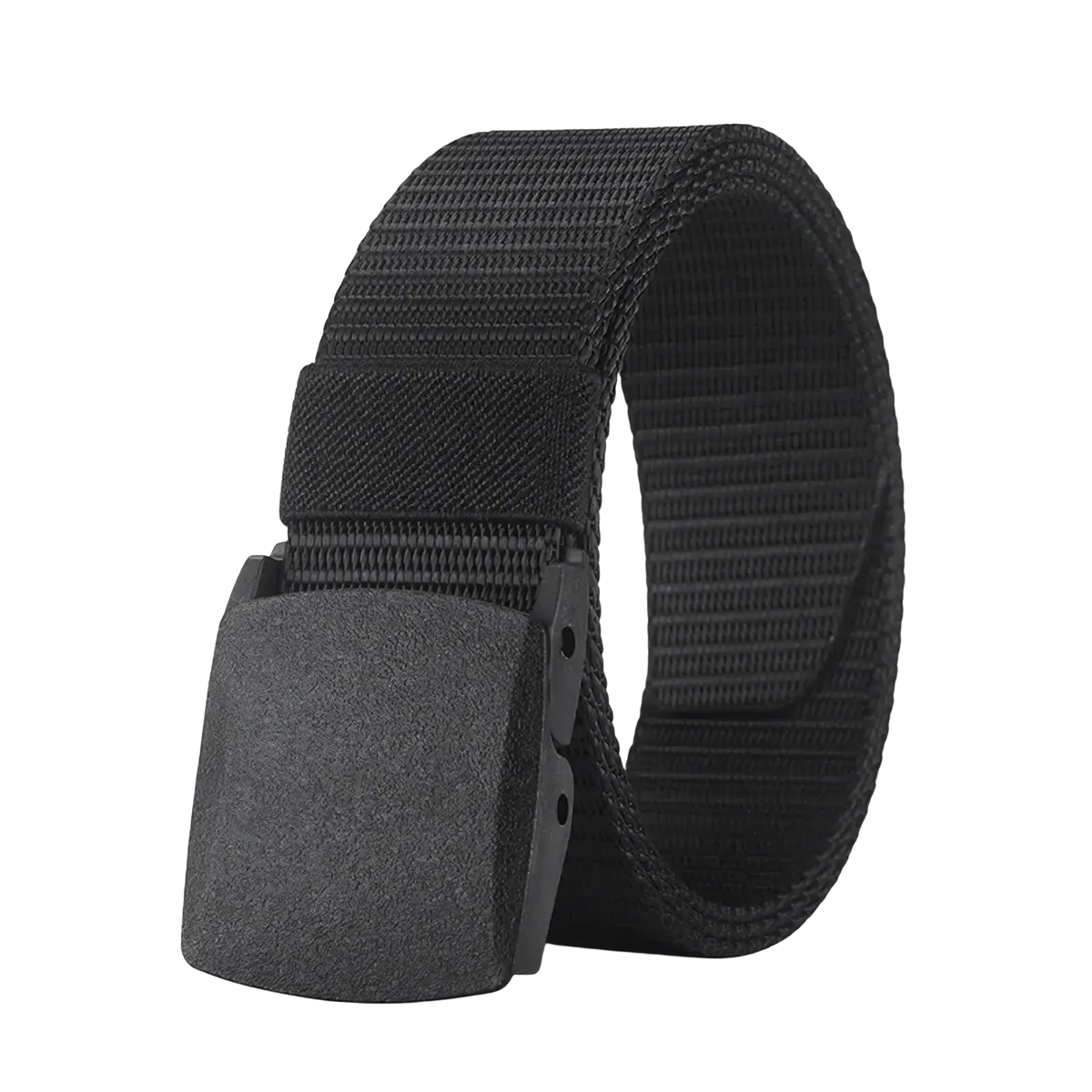 Black tactical nylon casual webbing belt with a matte finish plastic buckle for unisex use