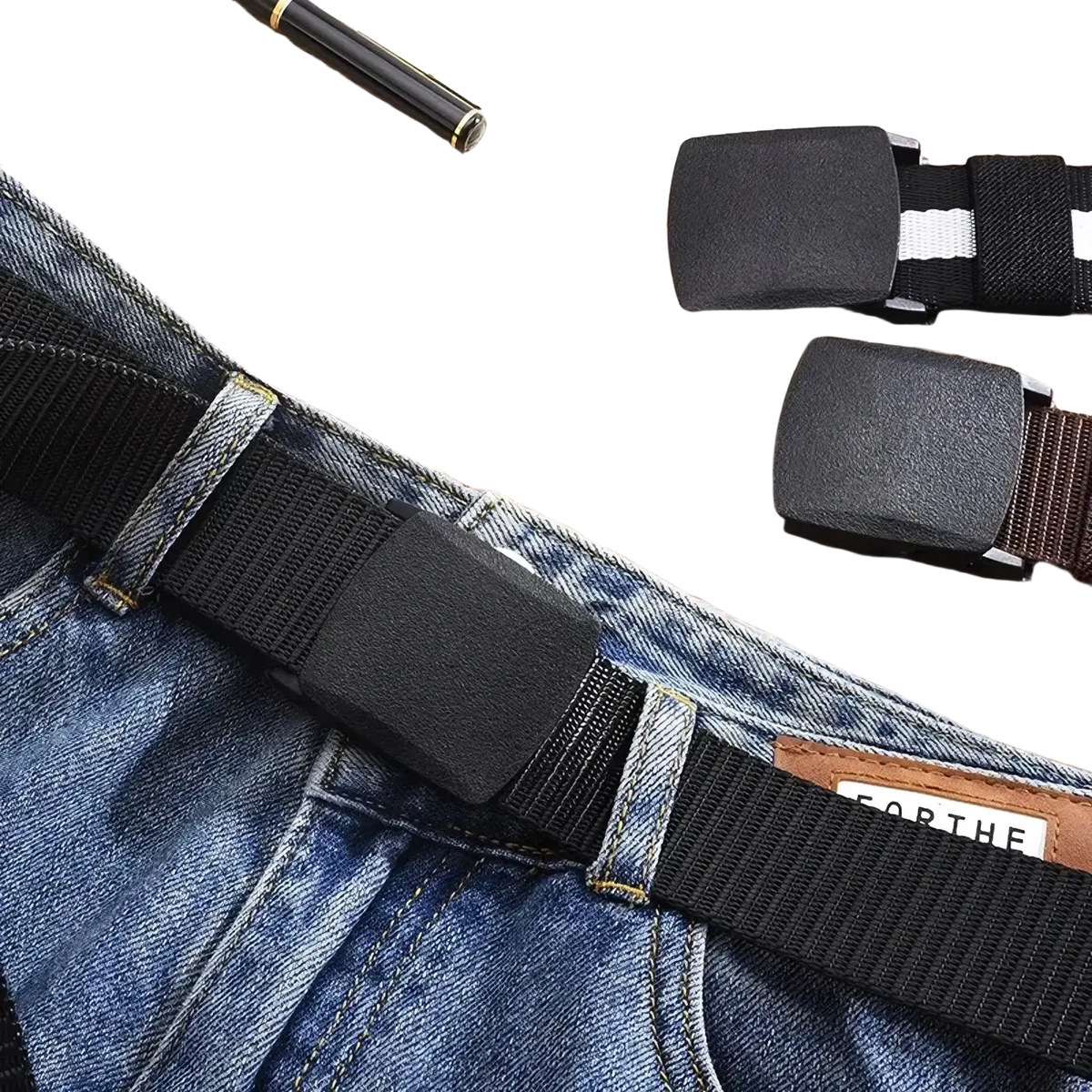 Black tactical nylon webbing belt with matte black plastic buckle worn on blue denim jeans casual unisex accessory