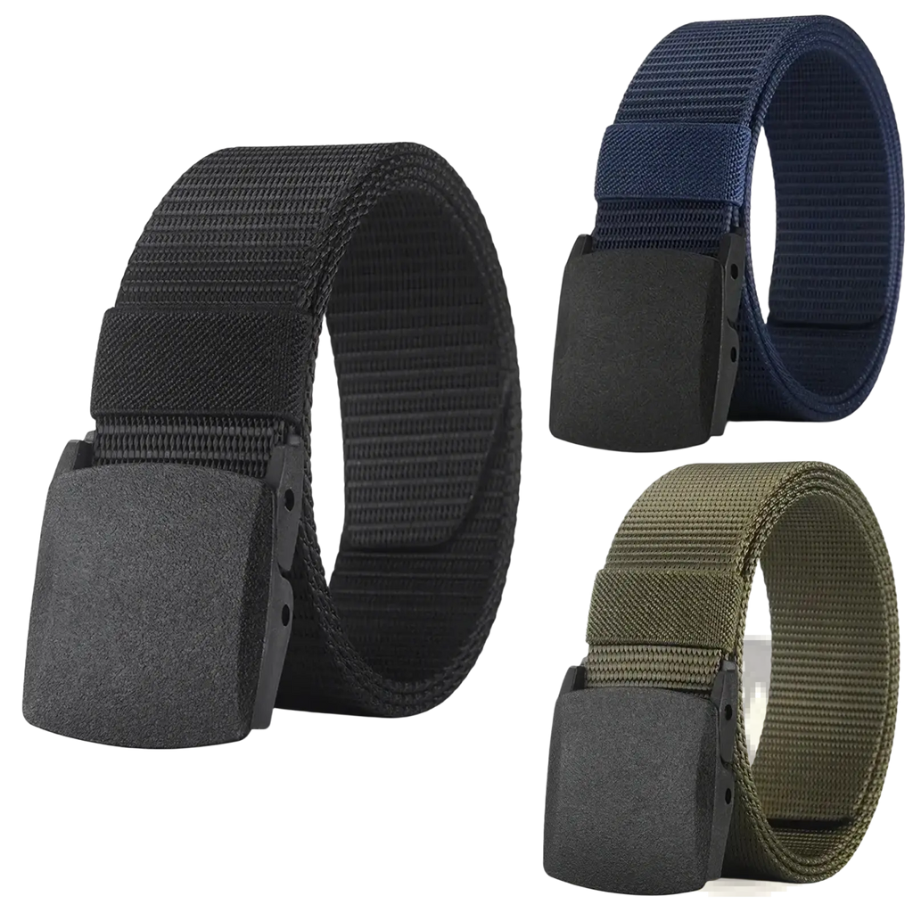 Tactical nylon belt casual webbing belt unisex in black navy blue and olive green with matte black plastic buckles