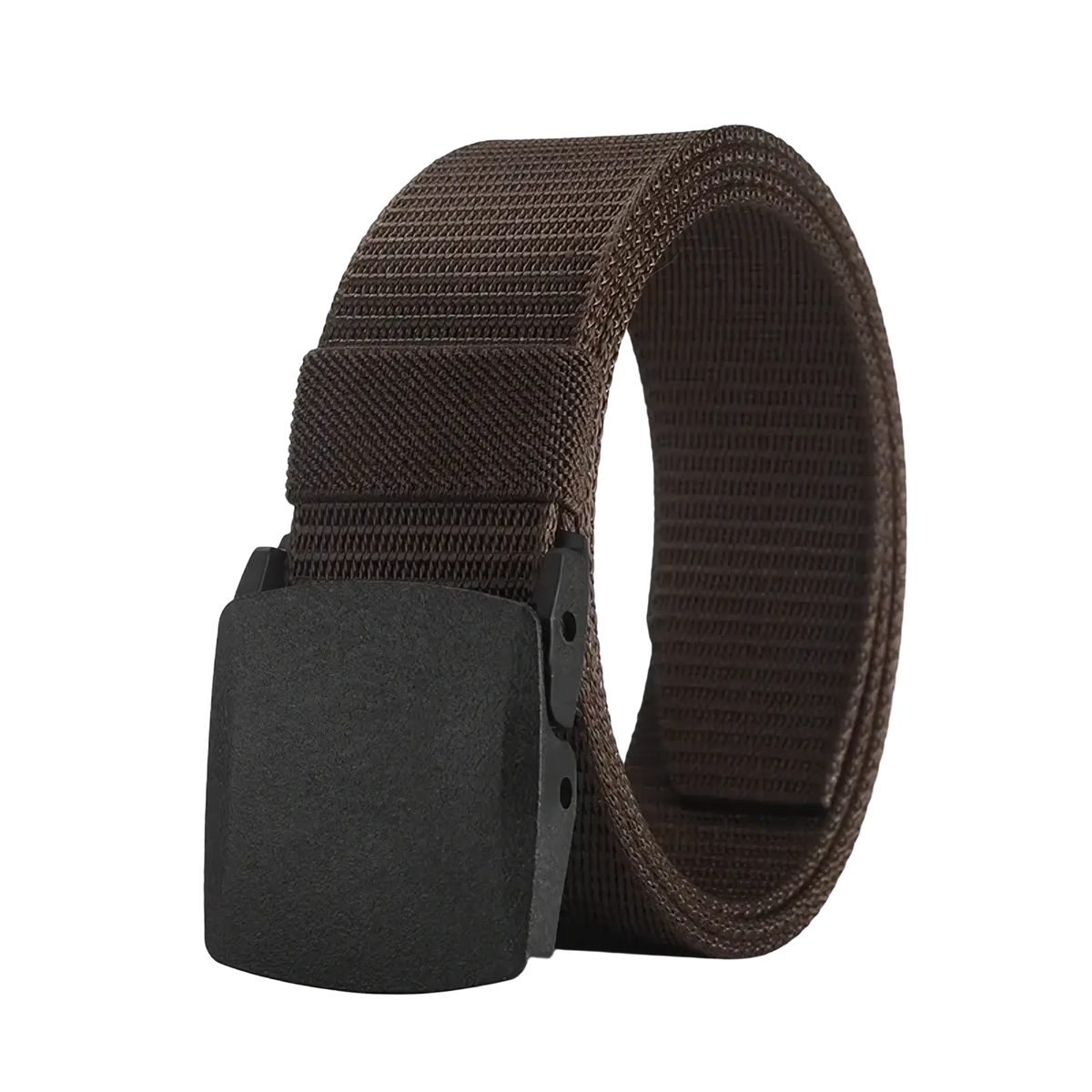 Brown tactical nylon webbing belt with matte black plastic buckle suitable for casual unisex use