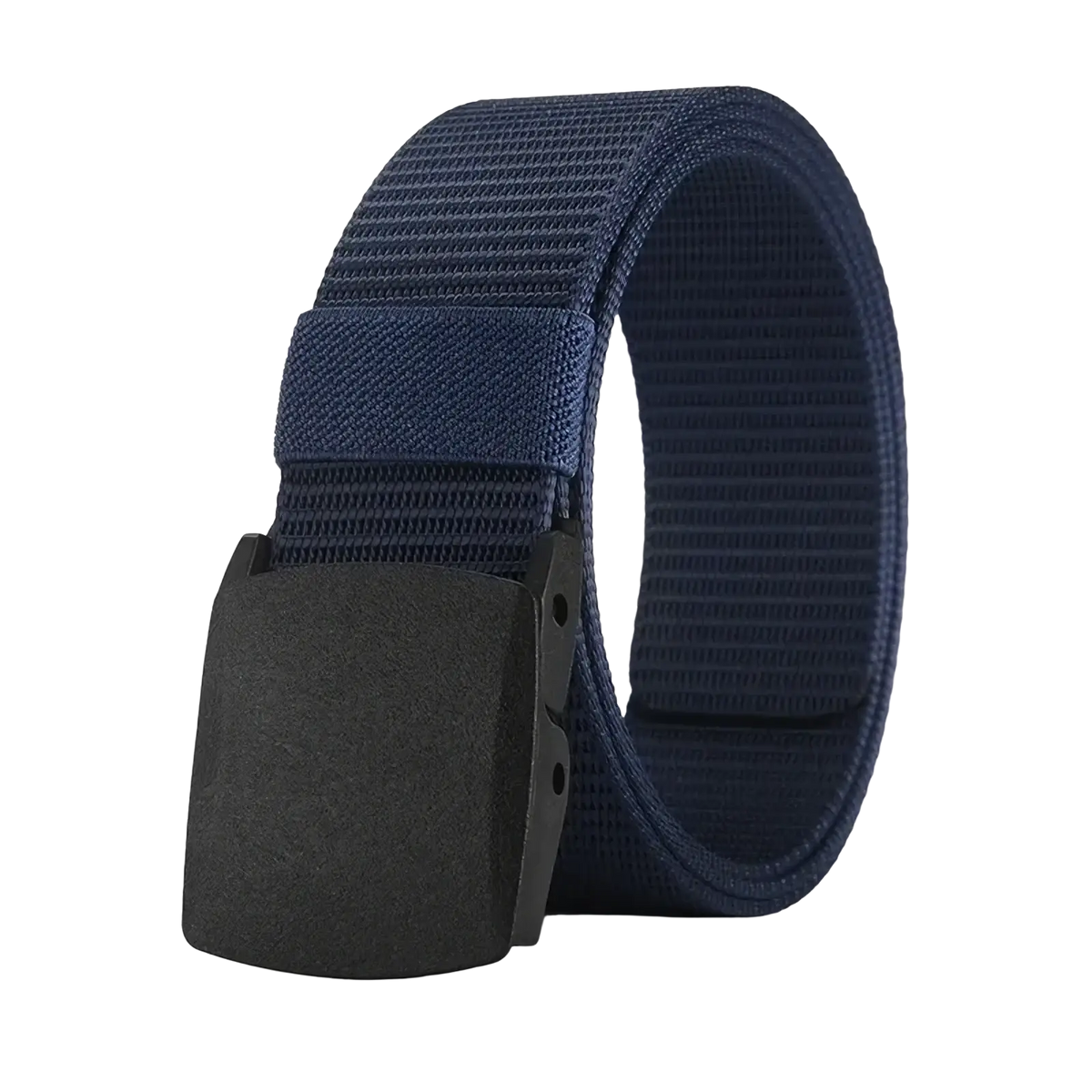 Navy blue tactical nylon woven fabric belt with a matte black plastic buckle for casual unisex use