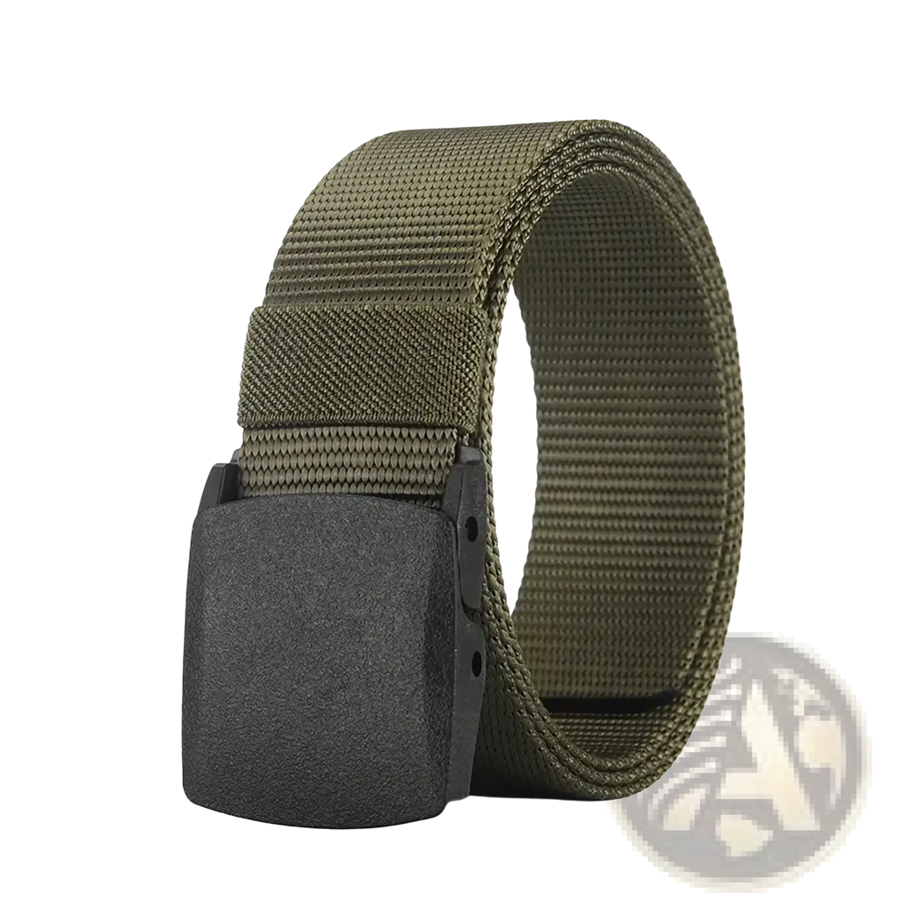 Olive green tactical nylon belt with a matte black plastic buckle designed for durable outdoor use