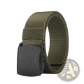 Olive green tactical nylon belt with a matte black plastic buckle designed for durable outdoor use
