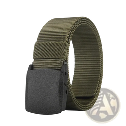 Olive green tactical nylon belt with a matte black plastic buckle designed for durable outdoor use