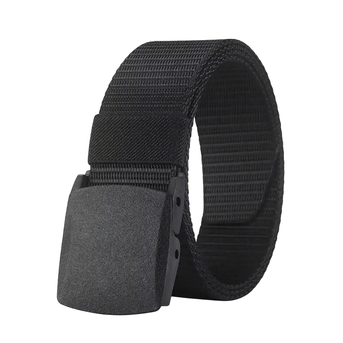 Black tactical nylon belt with textured strap and matte black buckle designed for durability and tactical use
