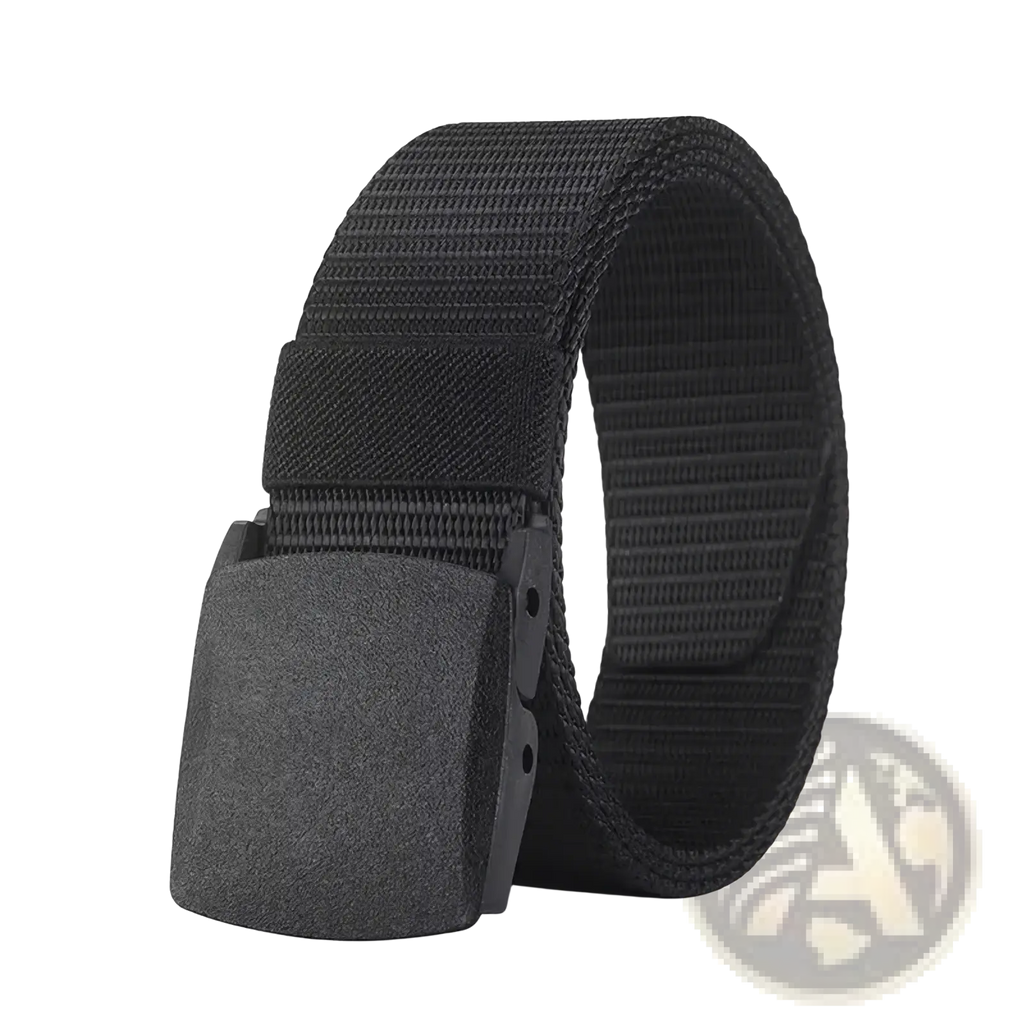 Black tactical nylon belt with a matte-finish plastic buckle designed for durable and secure use