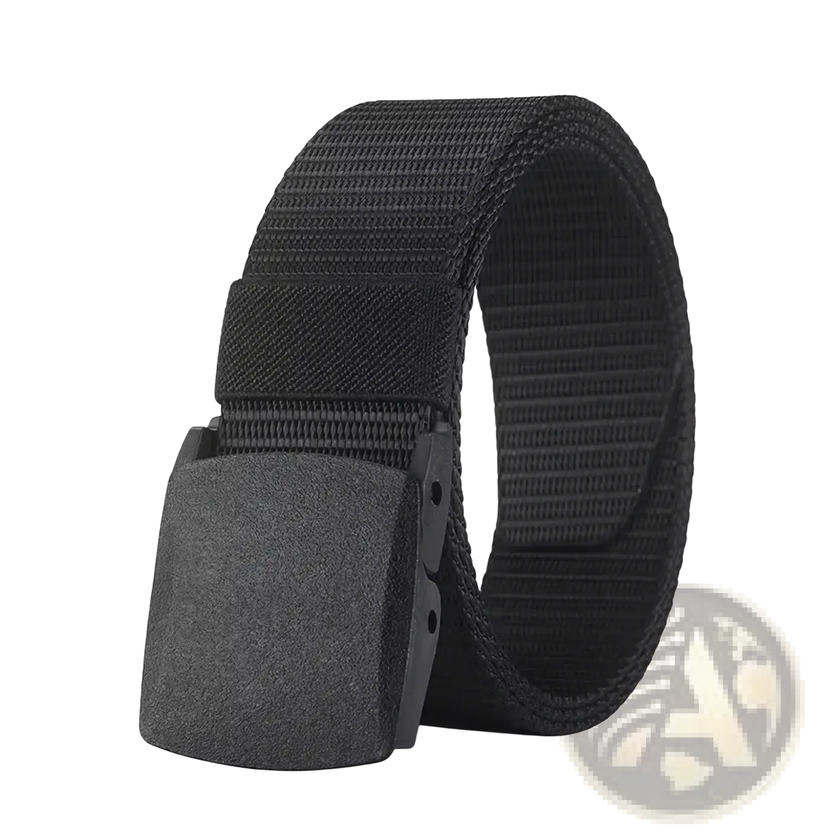 Black tactical nylon belt with a matte-finish plastic buckle designed for durable and secure use