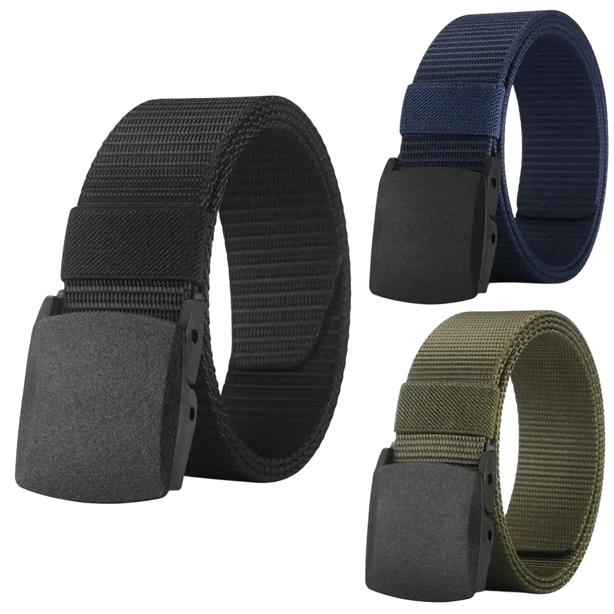 Tactical nylon belt with matte-finish plastic buckles in black navy blue and olive green nylon belt options