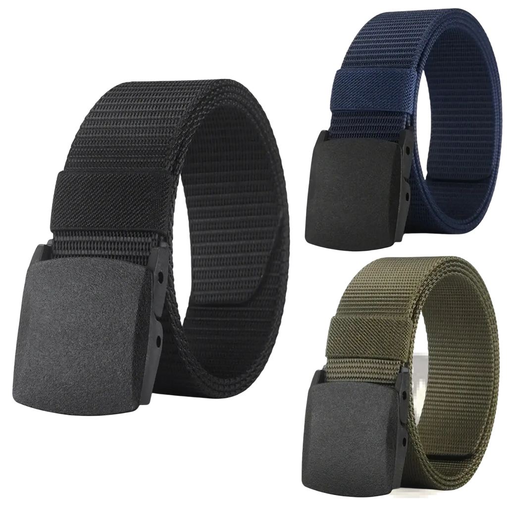 Tactical nylon belts in black navy blue and olive green with matte black plastic buckles for secure use