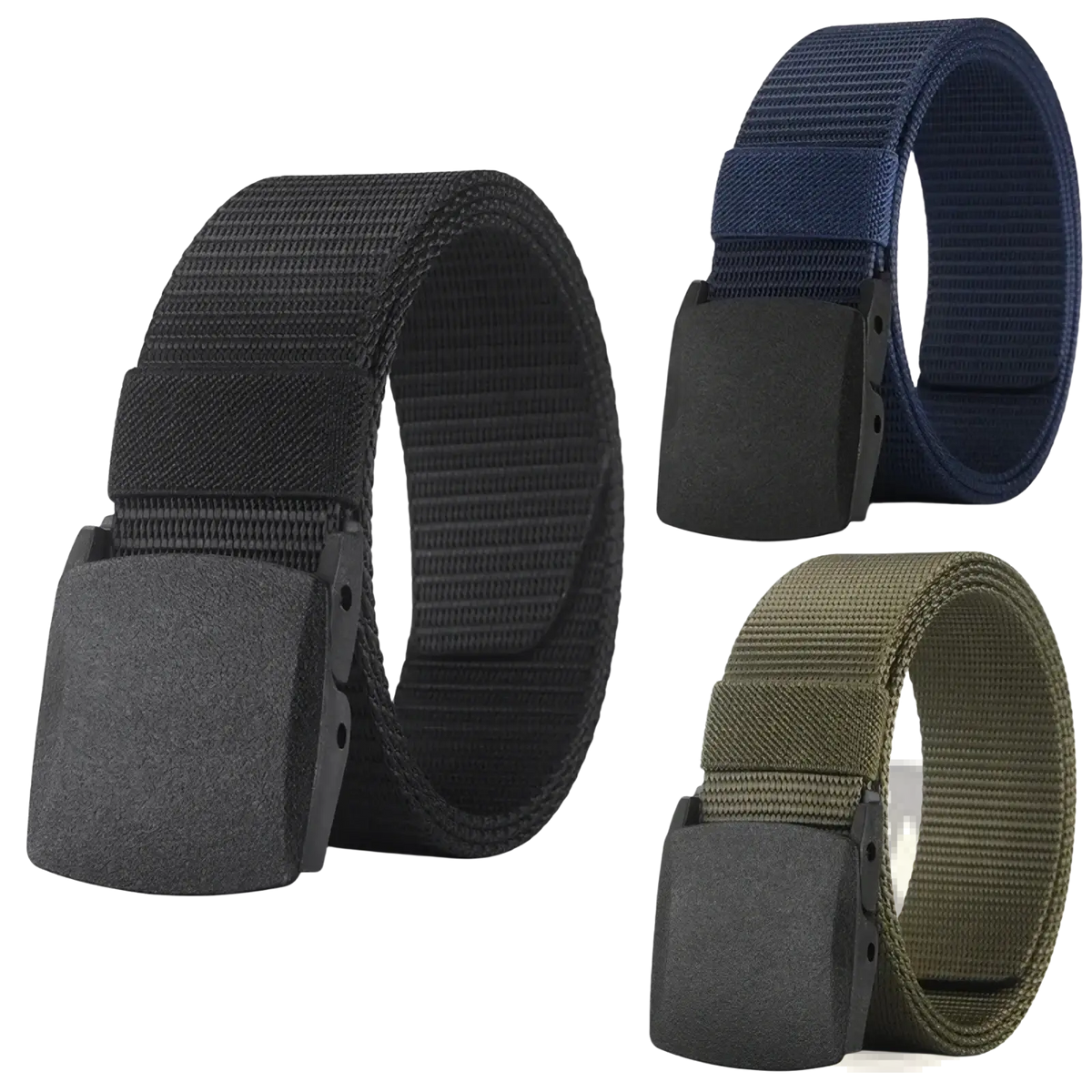 Tactical nylon belts in black navy blue and olive green with matte black plastic buckles for secure use