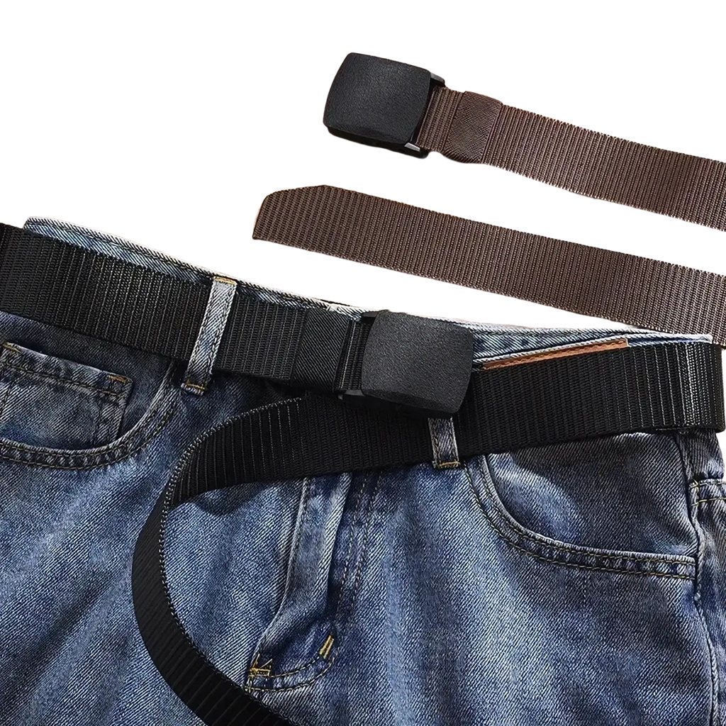 Black woven nylon tactical belt with matte black plastic buckle for durable and practical everyday use