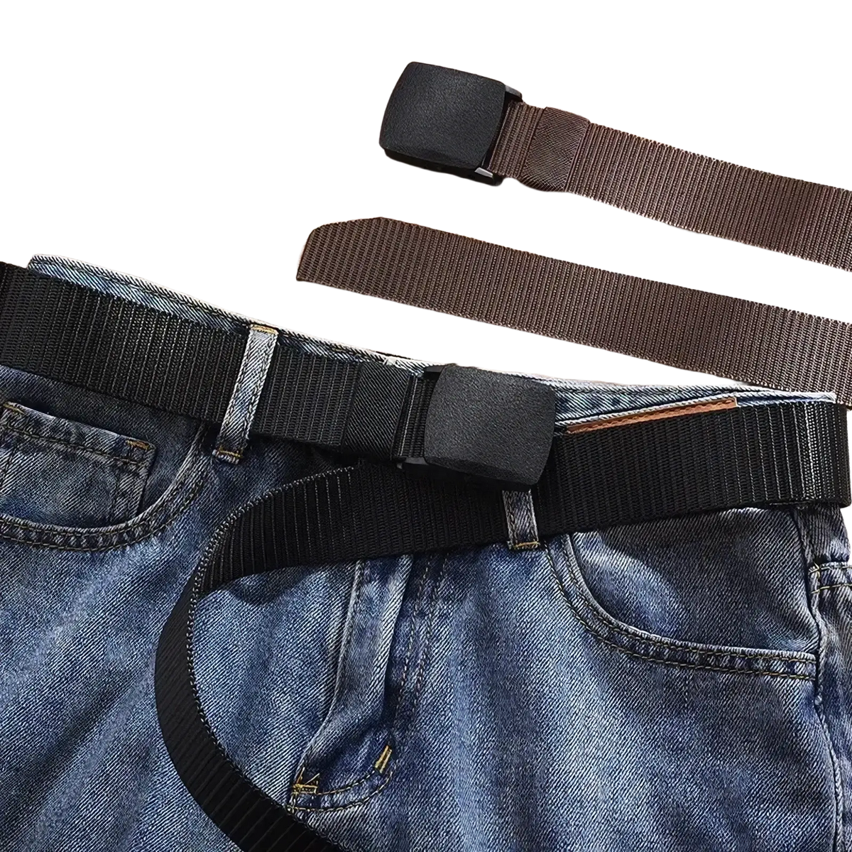 Black woven nylon tactical belt with matte black plastic buckle for durable and practical everyday use