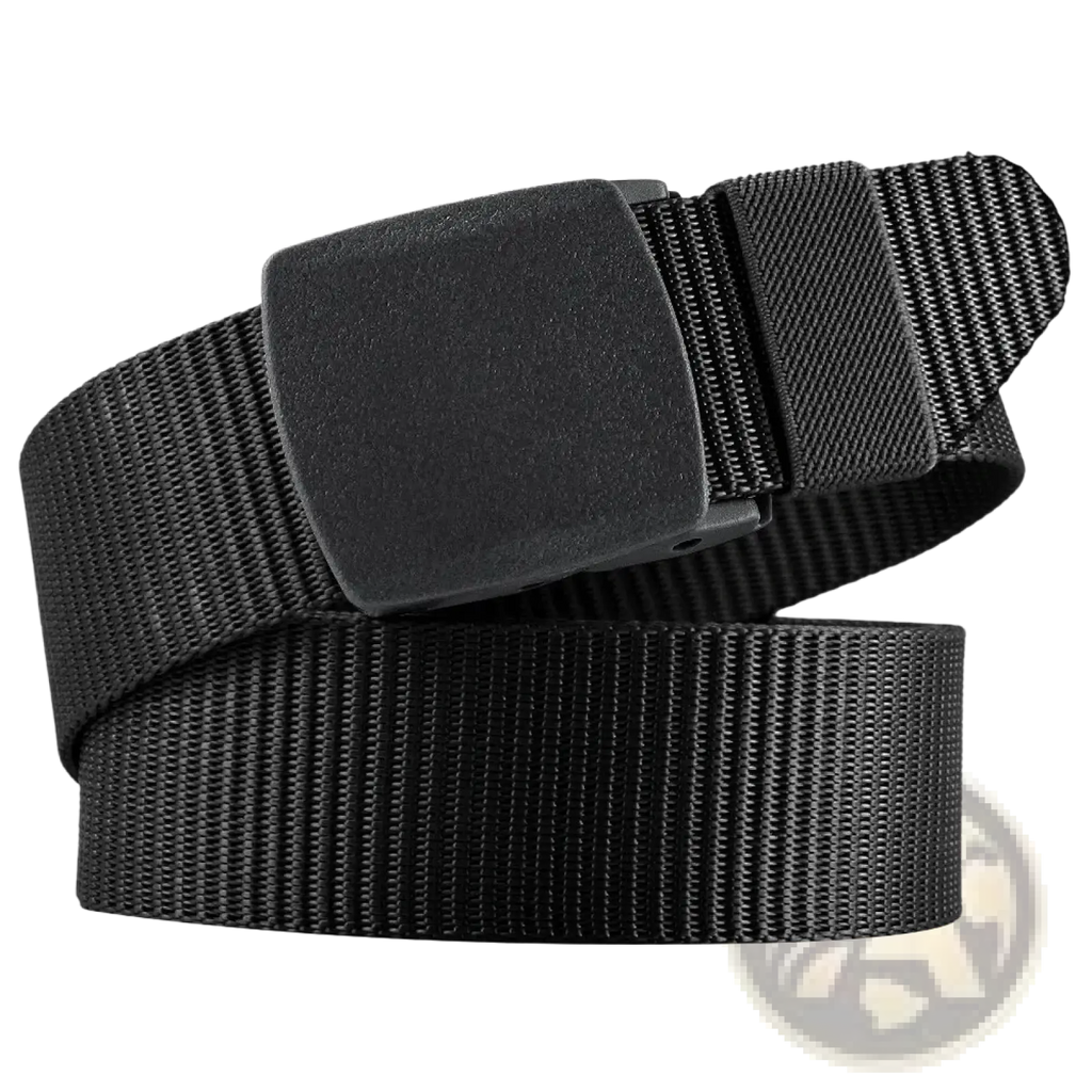 Black tactical nylon belt with matte-finish plastic buckle designed for men outdoor use