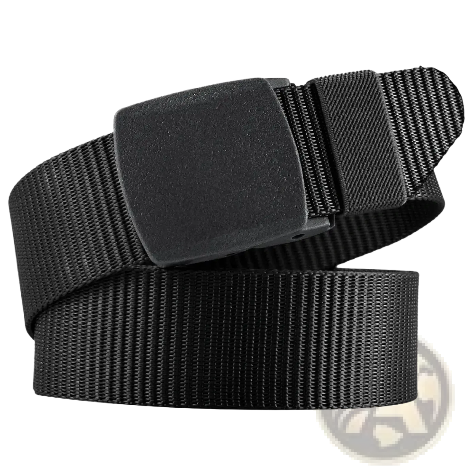Black tactical nylon belt with matte-finish plastic buckle designed for men outdoor use