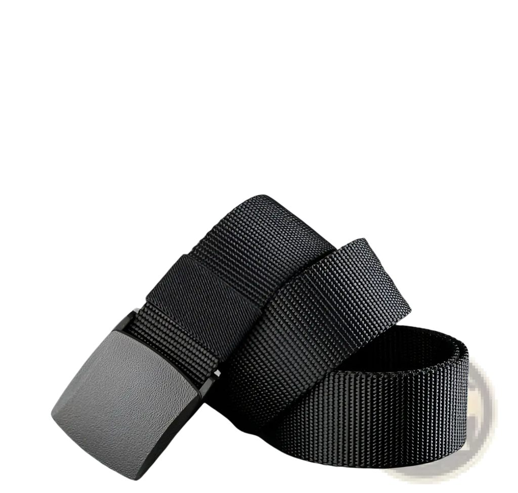 Black tactical nylon belt with a matte gray rectangular buckle designed for men outdoor use