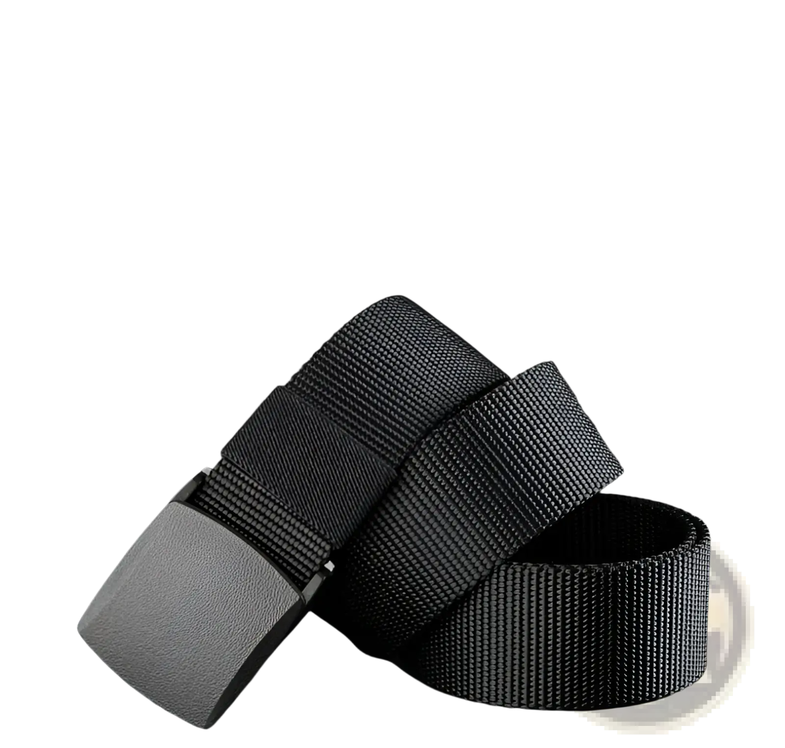 Black tactical nylon belt with a matte gray rectangular buckle designed for men outdoor use