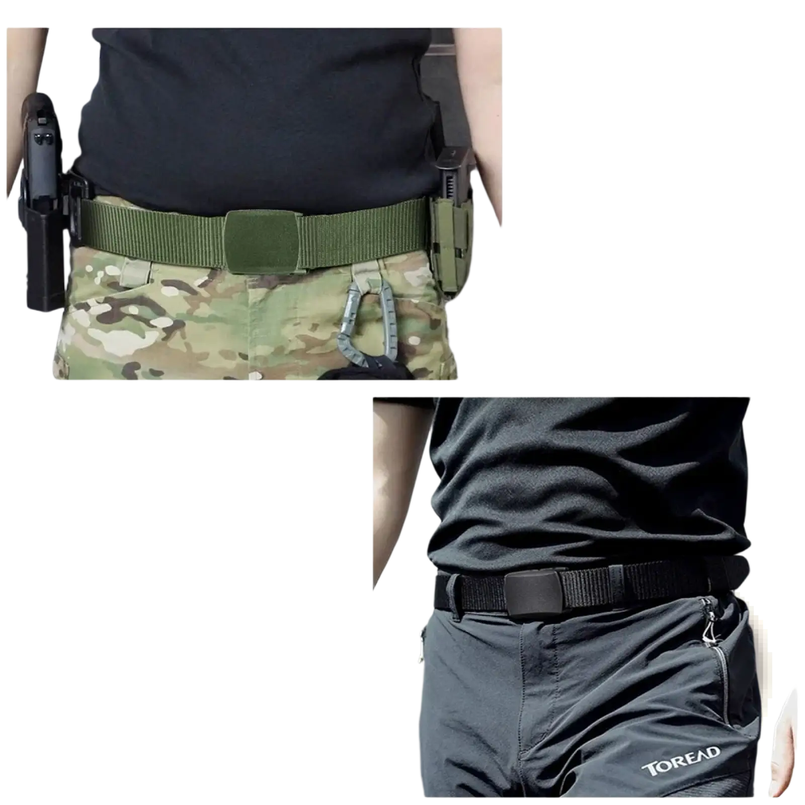 Olive green tactical nylon belt with matte buckle and holster attachments for men outdoor use