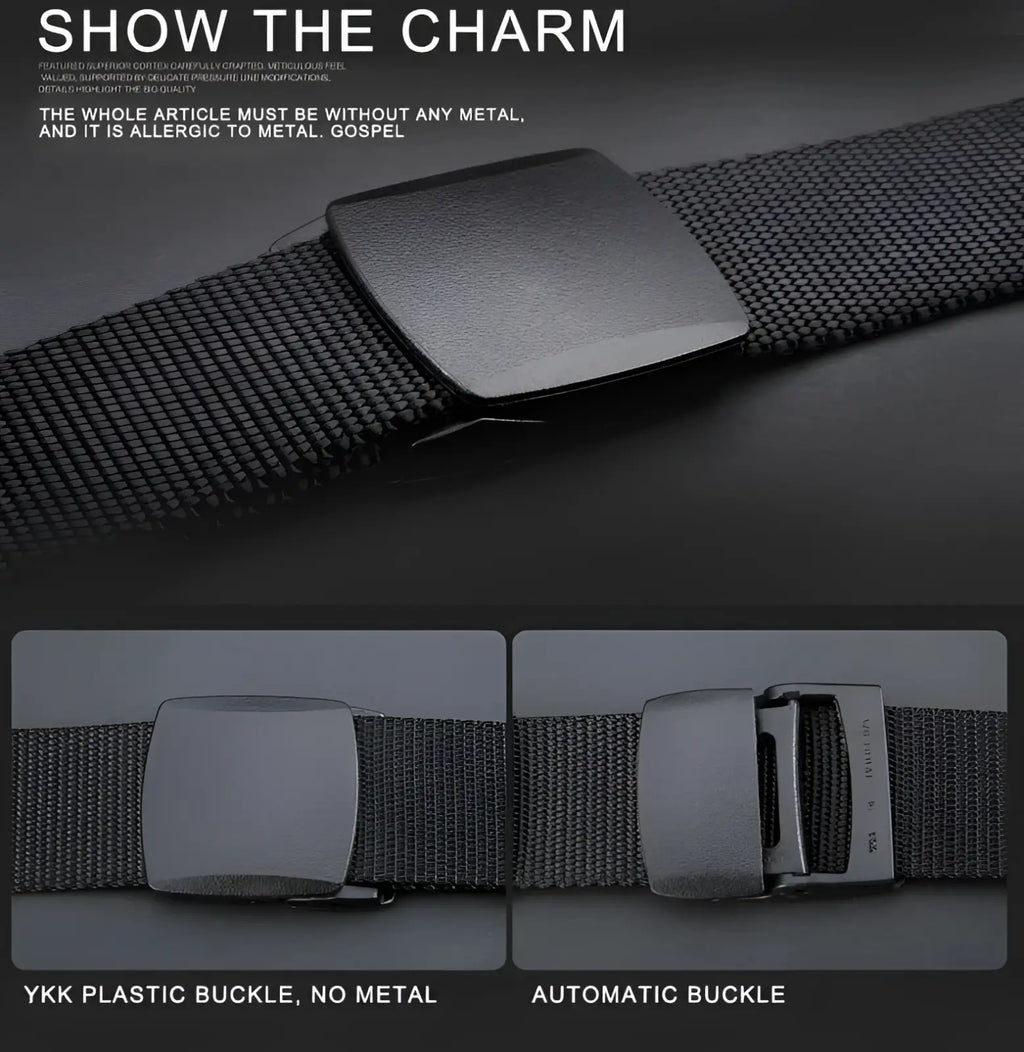 Black tactical nylon belt with matte black plastic automatic buckle for men outdoor use
