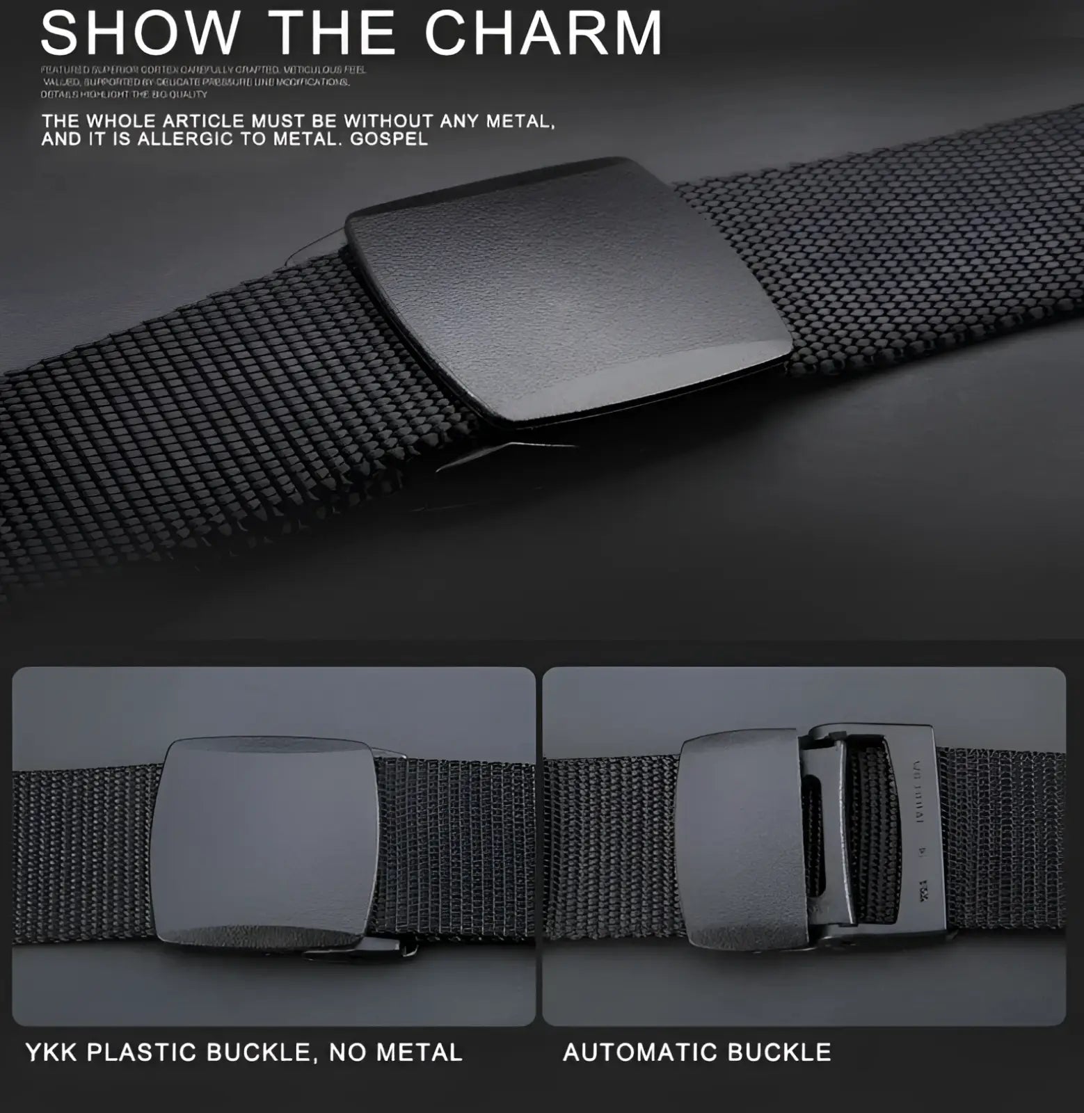 Black tactical nylon belt with matte black plastic automatic buckle for men outdoor use