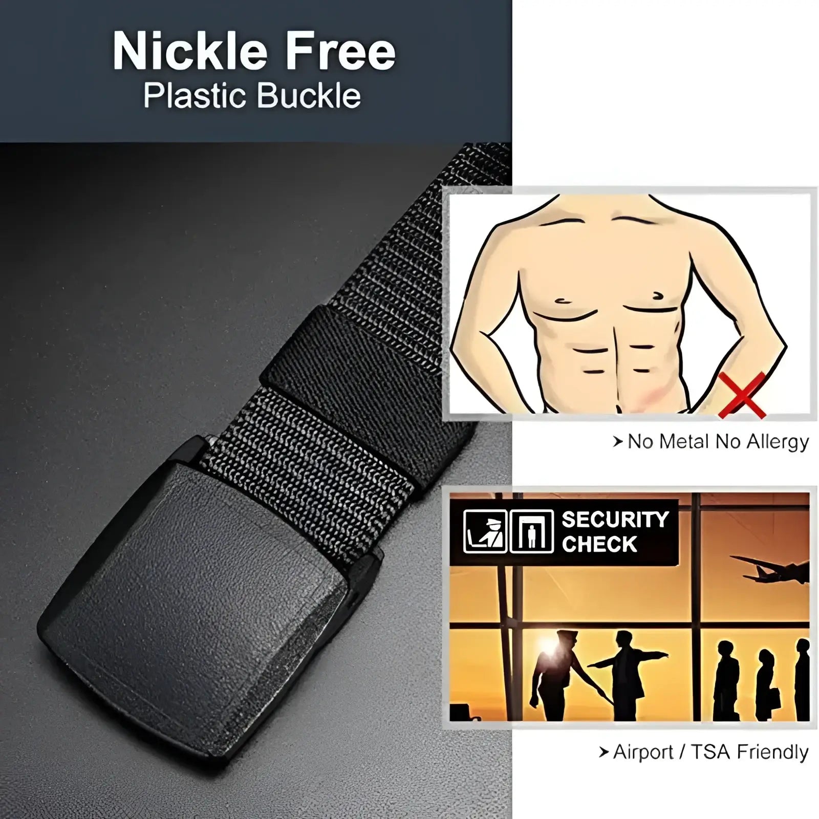 Black plastic matte buckle with textured surface on tactical nylon belt for men outdoor use