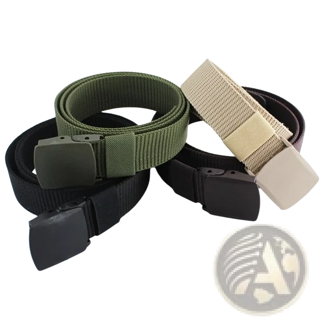 Three tactical nylon belts in black olive green and tan with matte finish plastic buckles for men outdoor use