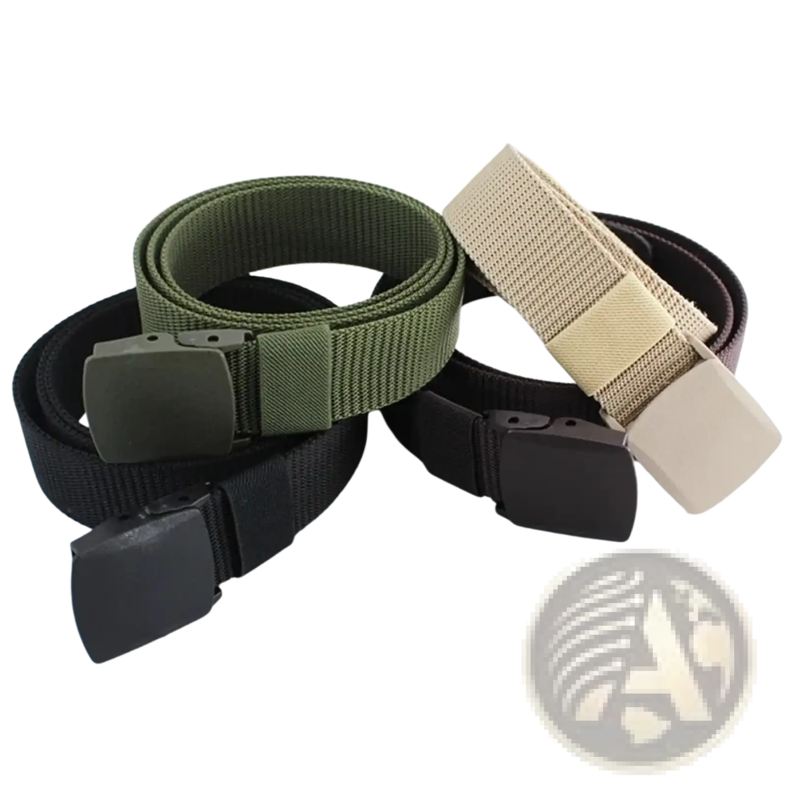Three tactical nylon belts in black olive green and tan with matte finish plastic buckles for men outdoor use