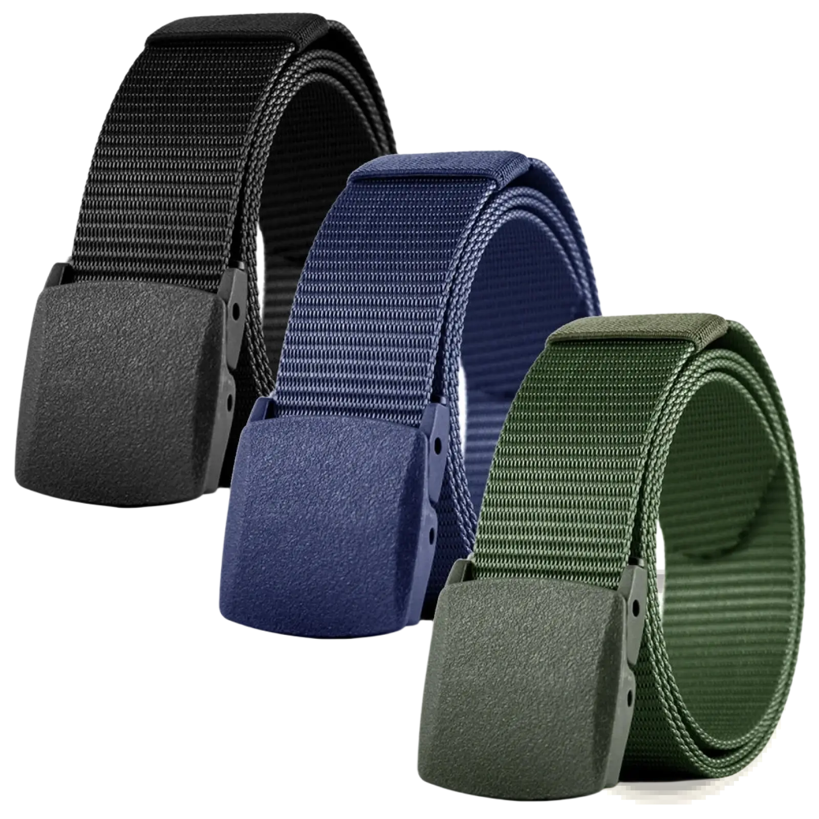 Three tactical nylon belts with matte buckles in black navy blue and olive green for men outdoor use