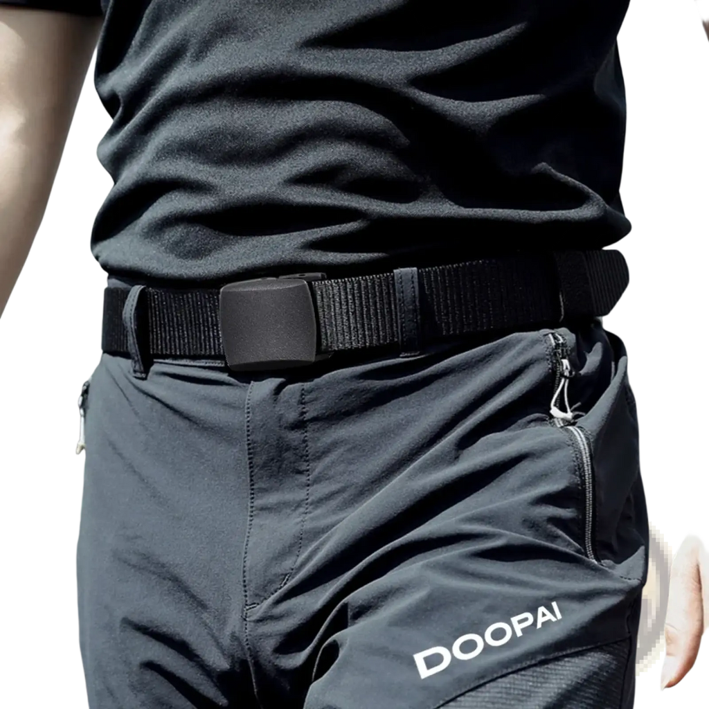 Black woven nylon tactical belt with matte black plastic buckle worn with pants branded doopai for men outdoor use