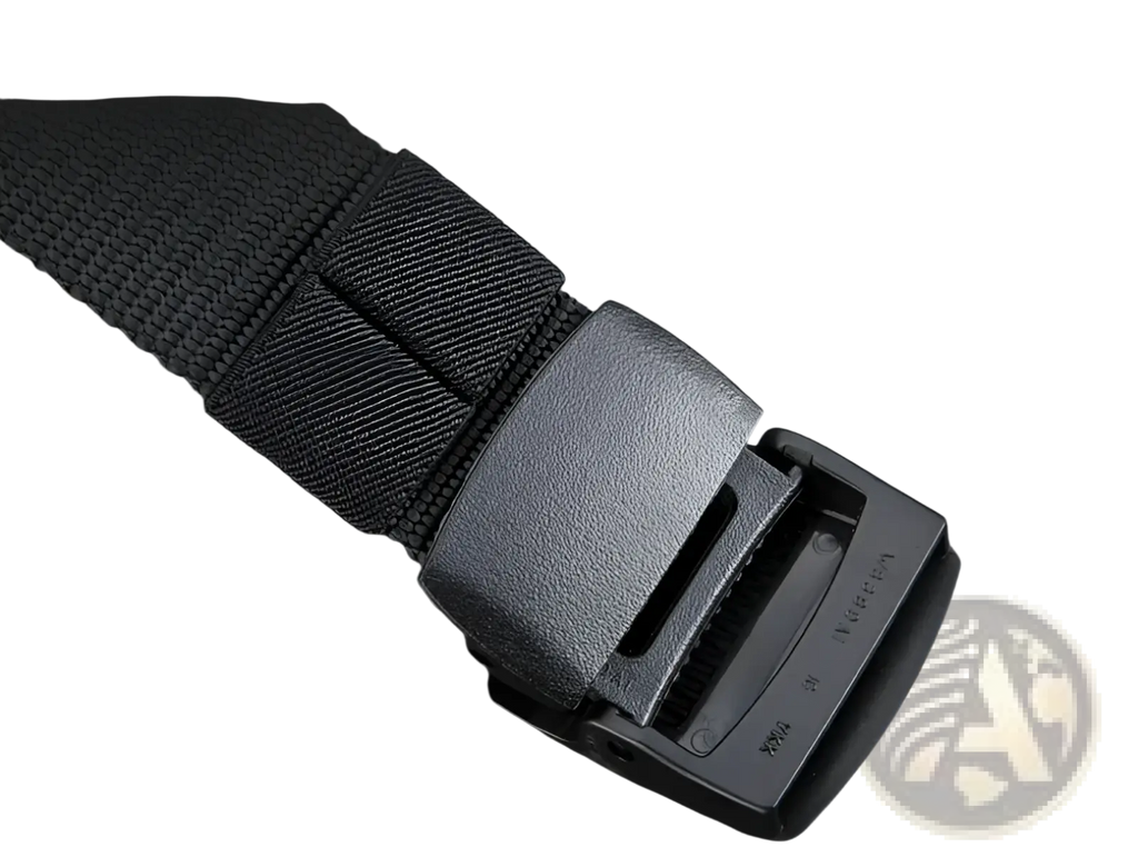 Black YKK plastic buckle with textured surface and reinforced design on tactical nylon belt for men outdoor use