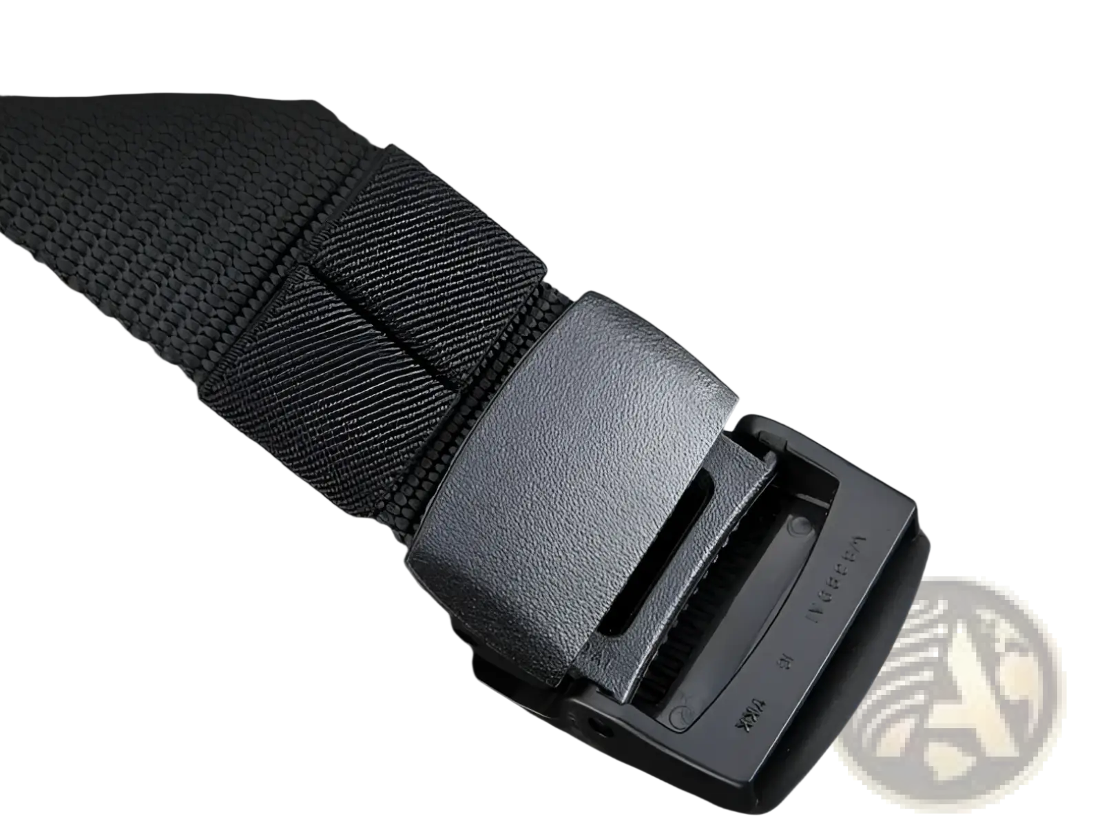Black YKK plastic buckle with textured surface and reinforced design on tactical nylon belt for men outdoor use