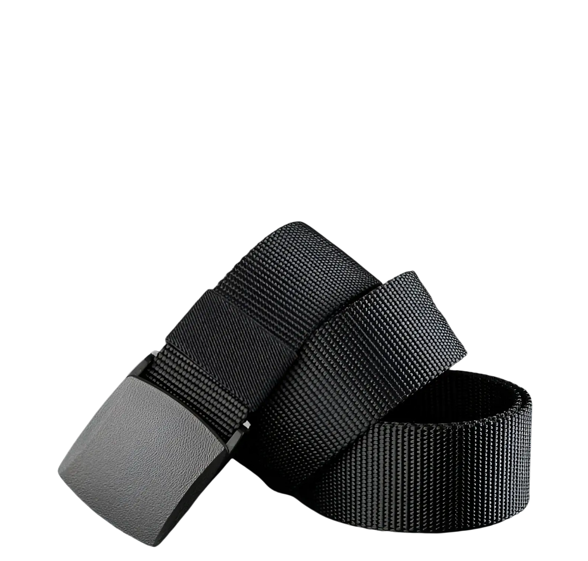Black tactical nylon belt with a matte gray rectangular buckle designed for men outdoor use