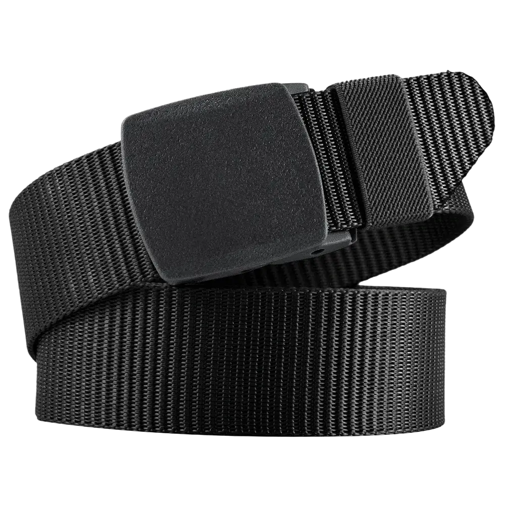 Black tactical nylon belt with matte-finish plastic buckle designed for men outdoor use