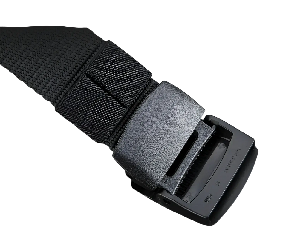 Black YKK plastic buckle with textured surface and reinforced design on tactical nylon belt for men outdoor use