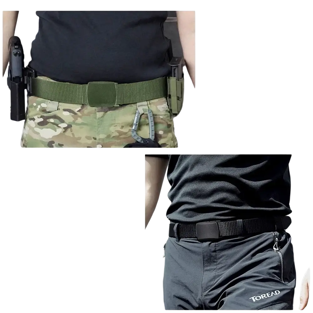 Olive green tactical nylon belt with matte buckle and holster attachments for men outdoor use