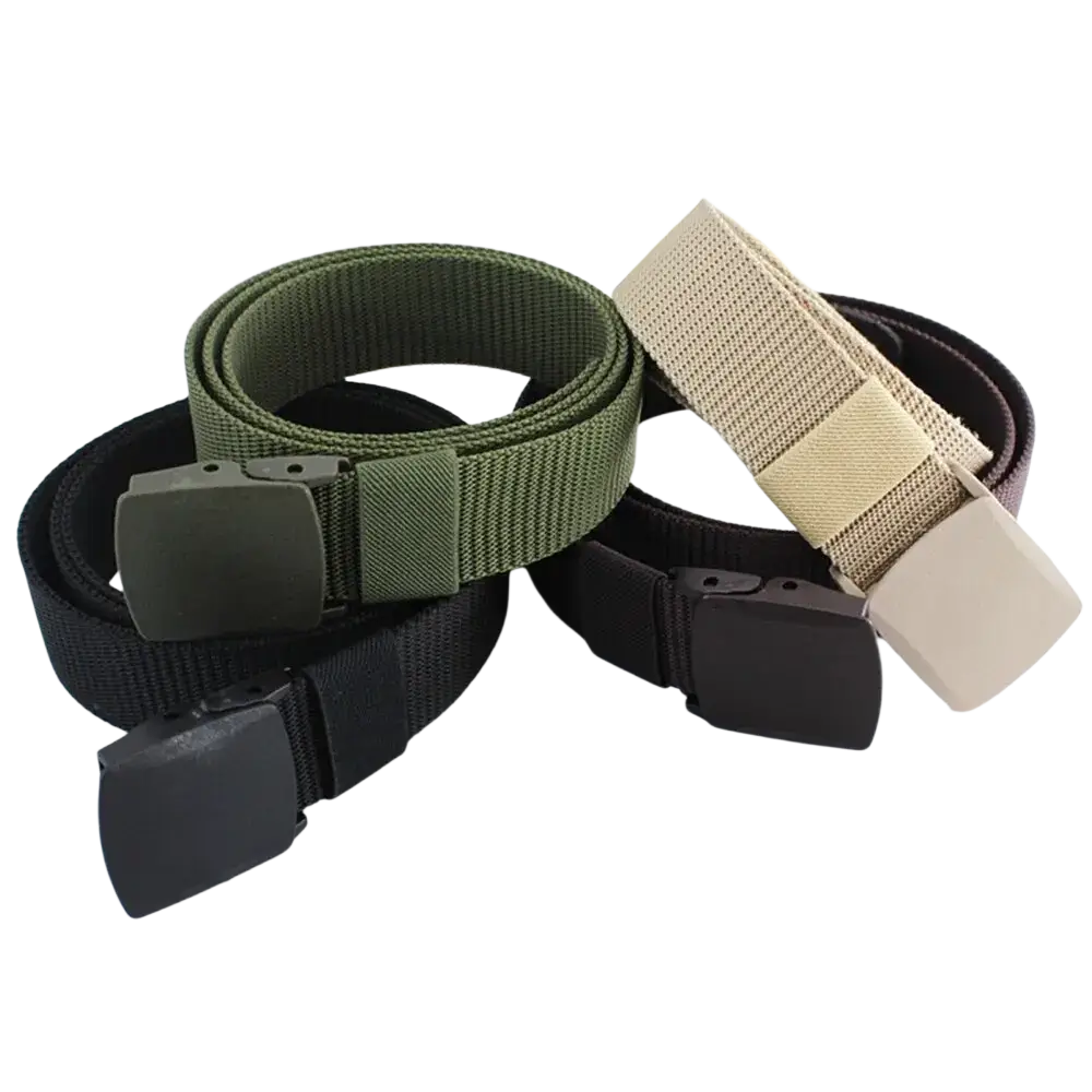 Three tactical nylon belts in black olive green and tan with matte finish plastic buckles for men outdoor use