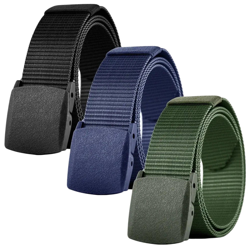Three tactical nylon belts with matte buckles in black navy blue and olive green for men outdoor use