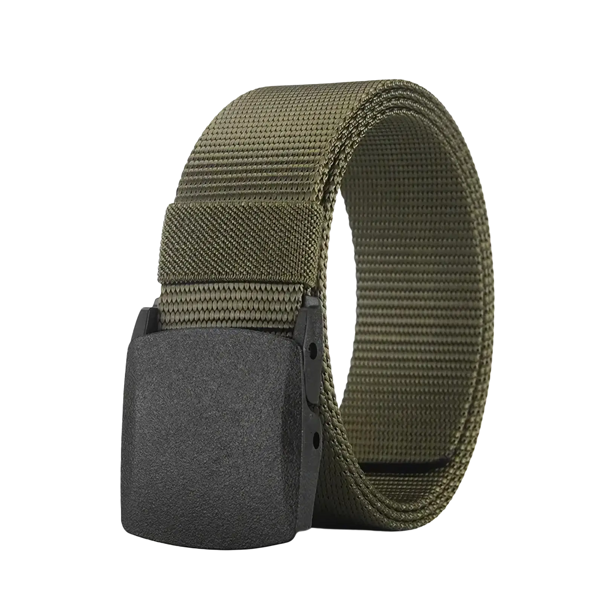 Olive green tactical nylon belt with a matte black plastic buckle designed for durable outdoor use