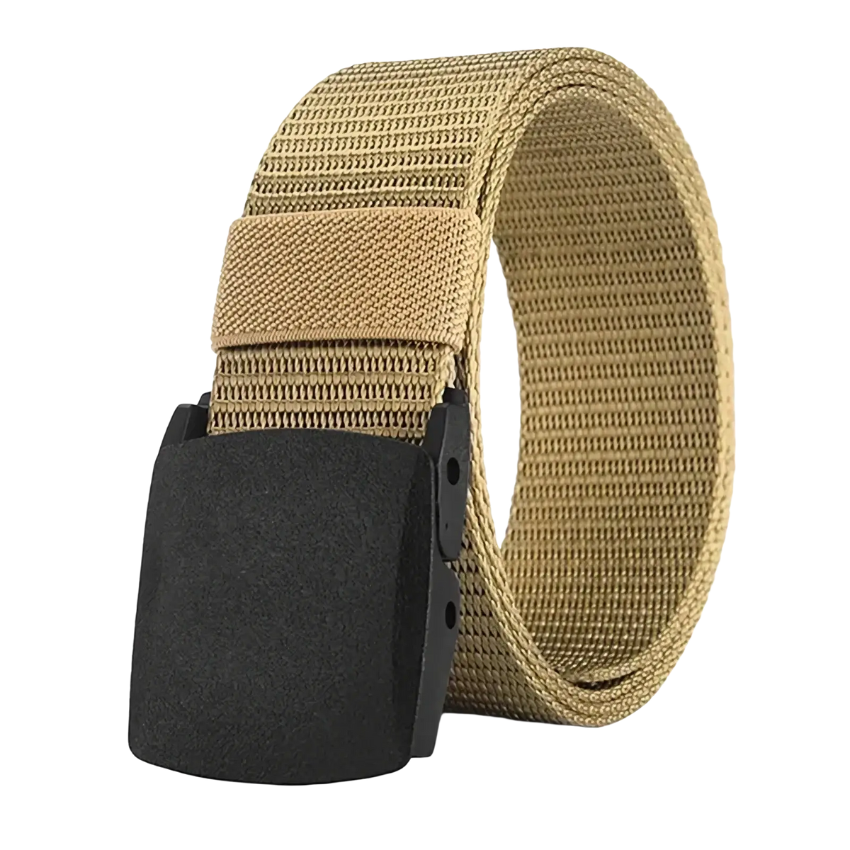 Tan tactical nylon belt with a matte black plastic buckle designed for durability and secure fit in outdoor use