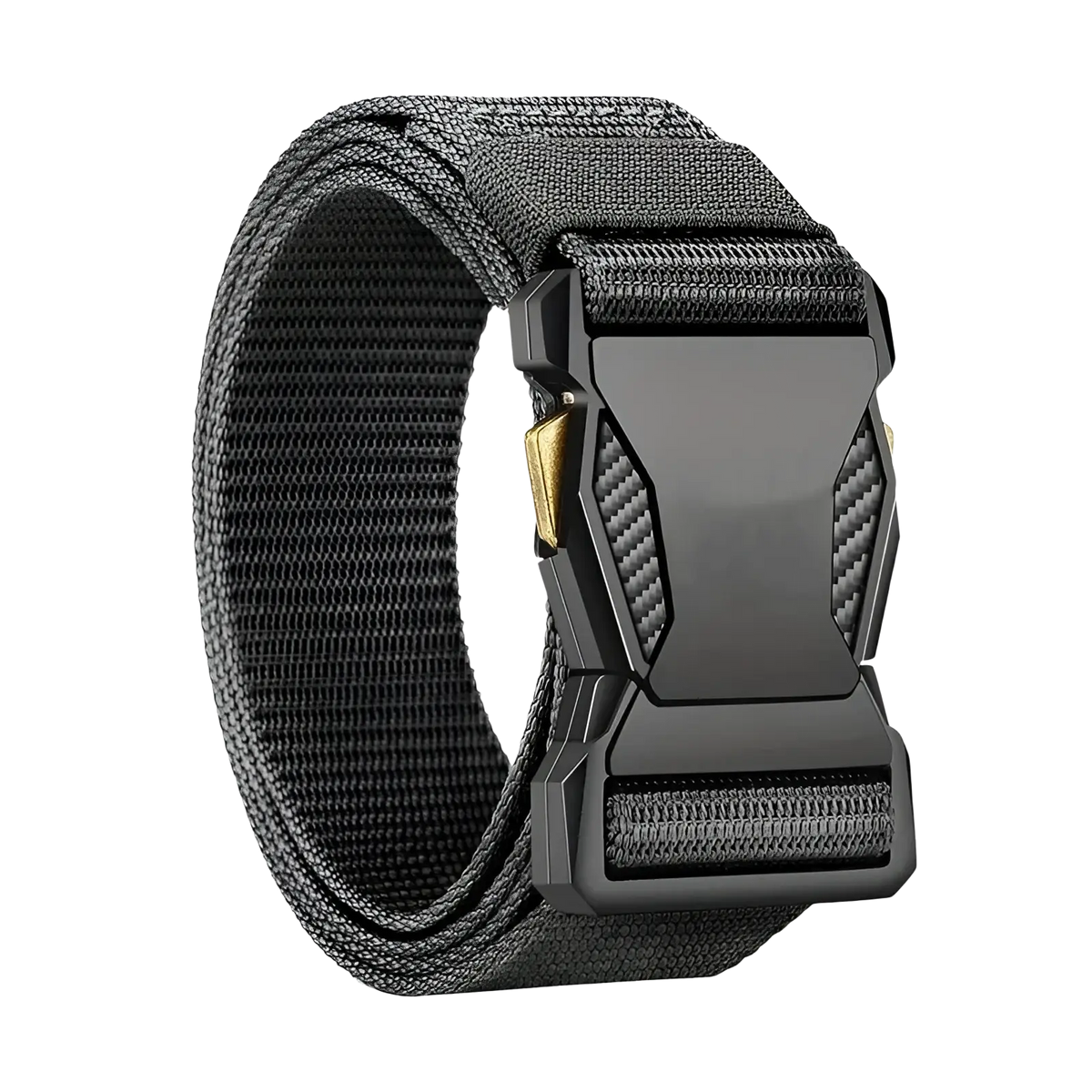Black tactical nylon belt for men with breathable webbing, matte black buckle, carbon fiber accents, and gold-tone hardware