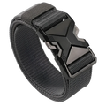 Black tactical nylon belt for men with breathable webbing and a matte-finish geometric x-shaped buckle