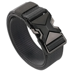 Black tactical nylon belt for men with breathable webbing and a matte-finish geometric x-shaped buckle