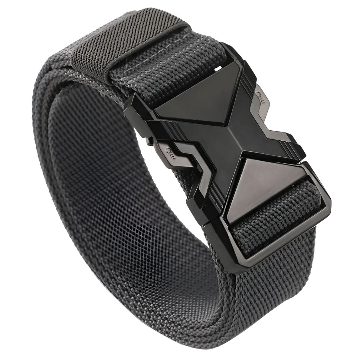 Black tactical nylon belt for men with breathable webbing and a matte-finish geometric x-shaped buckle